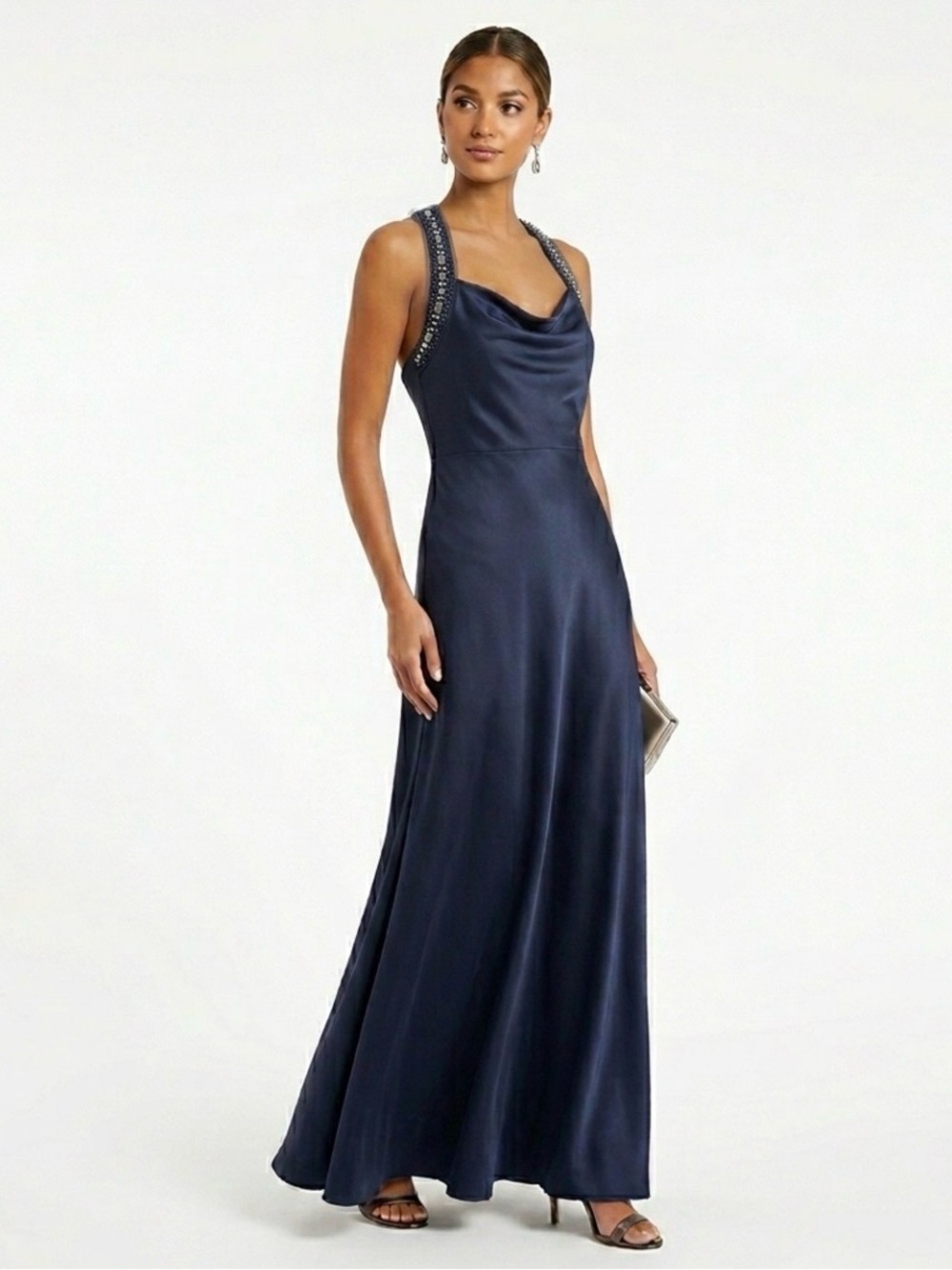 BCBGMaxAzria Navy Satin Cowl Neck Maxi Dress with Embellished Straps